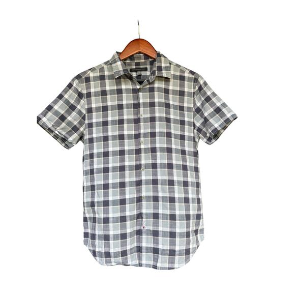 John Varvatos Blue Grey Plaid Short Sleeve Cuffed Button Down - Small - Picture 2 of 8